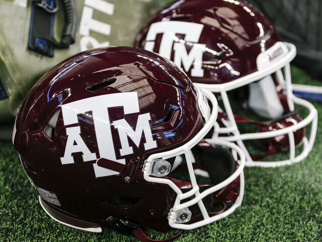 ARLINGTON, TX - SEPTEMBER 25: Texas A&M Aggies helmets on the sidelines during the Southwest Classic game between the Texas A&M Aggies and the Arkansas Razorbacks on September 25, 2021 at AT&T Stadium in Arlington, Texas.