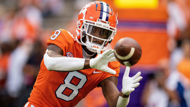 CLEMSON, SOUTH CAROLINA - OCTOBER 02: Wide receiver Justyn Ross #8 of the Clemson Tigers warms up before their game against the Boston College Eagles at Clemson Memorial Stadium on October 02, 2021 in Clemson, South Carolina.