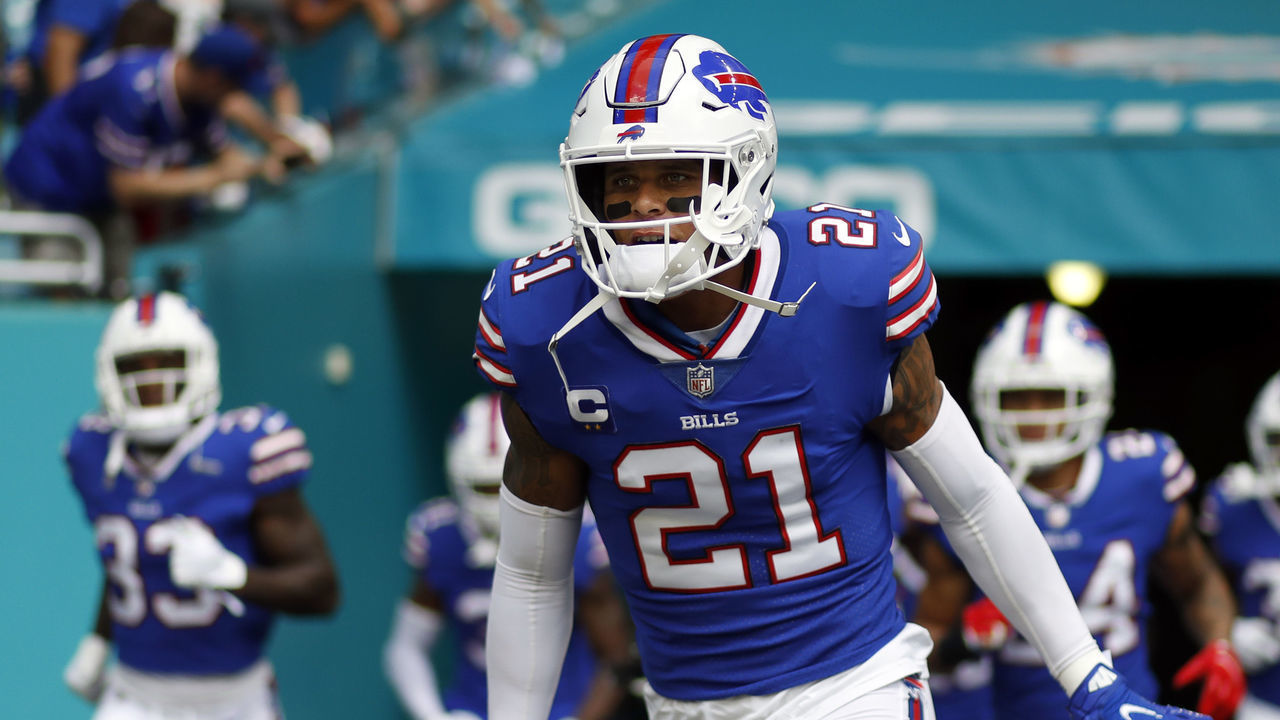 MIAMI GARDENS, FLORIDA - SEPTEMBER 19: Jordan Poyer #21 of the Buffalo Bills and his teammages take the field before the game against the Miami Dolphins at Hard Rock Stadium on September 19, 2021 in Miami Gardens, Florida.