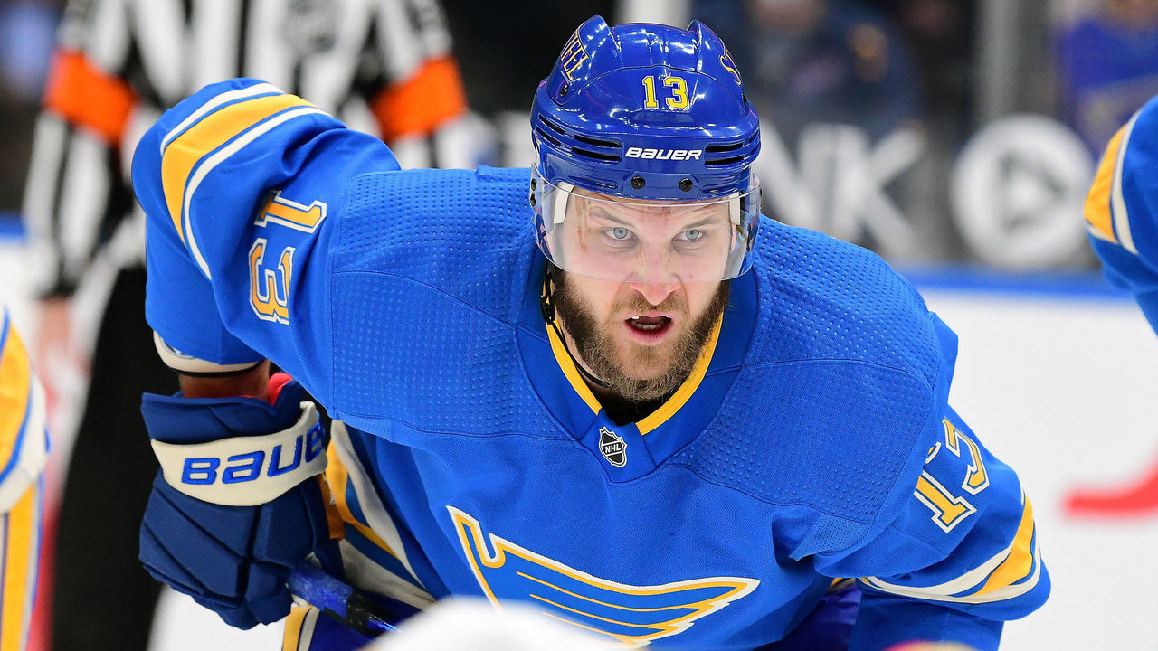 ST. LOUIS, MO - MARCH 13: St. Louis Blues left wing Kyle Clifford (13) during a NHL game between the Vegas Golden Knights and the St. Louis Blues on March 13, 2021, at Enterprise Center, St. Louis, Mo. ,