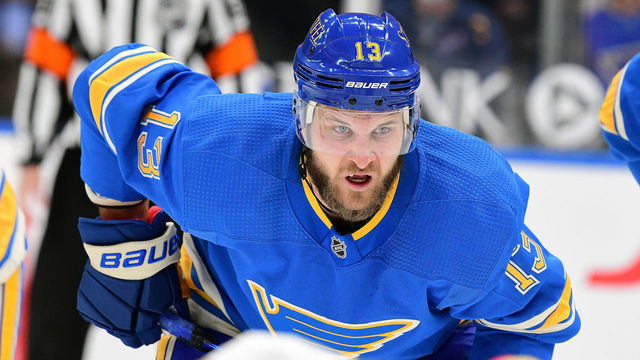 ST. LOUIS, MO - MARCH 13: St. Louis Blues left wing Kyle Clifford (13) during a NHL game between the Vegas Golden Knights and the St. Louis Blues on March 13, 2021, at Enterprise Center, St. Louis, Mo. ,