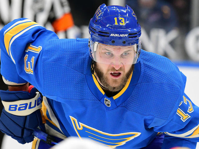 ST. LOUIS, MO - MARCH 13: St. Louis Blues left wing Kyle Clifford (13) during a NHL game between the Vegas Golden Knights and the St. Louis Blues on March 13, 2021, at Enterprise Center, St. Louis, Mo. ,