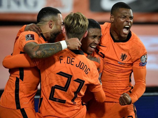Netherlands' forward Steven Bergwijn (C) celebrates with teammates after scoring his team's first goal during the FIFA World Cup Qatar 2022 qualifying round Group G football match between Netherlands and Norway at the Feijenoord stadium in Rotterdam on November 16, 2021.