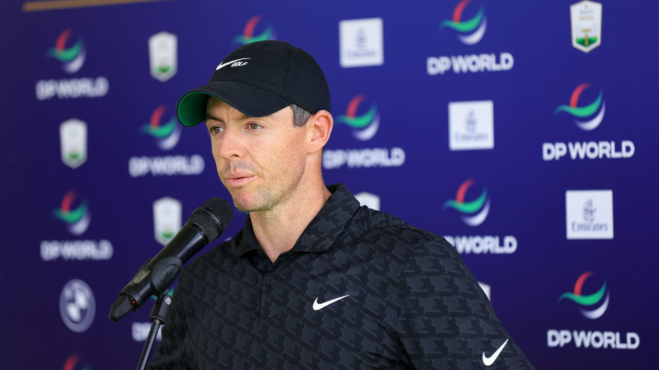 DUBAI, UNITED ARAB EMIRATES - NOVEMBER 16: Rory McIlroy of Northern Ireland talks to the media during the Pro-Am at The DP World Tour Championship at Jumeirah Golf Estates on November 16, 2021 in Dubai, United Arab Emirates.