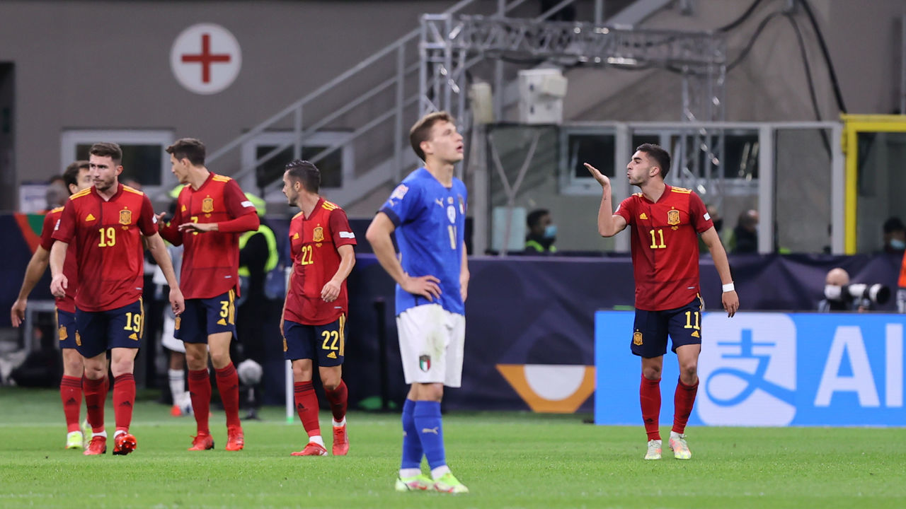 Ferran Torres of Spain celebrates after scoring a goal during the UEFA Nations League Finals 2021 semi-final football match between Italy and Spain at Giuseppe Meazza Stadium, Milan, Italy on October 06, 2021