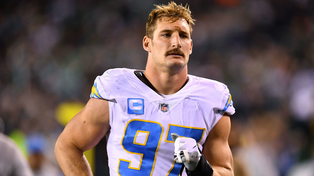 PHILADELPHIA, PA - NOVEMBER 07: Los Angeles Chargers Defensive End Joey Bosa (97) leaves the field after the first half during the game between the Los Angeles Chargers and Philadelphia Eagles on November 07, 2021 at Lincoln Financial Field in Philadelphia, PA.