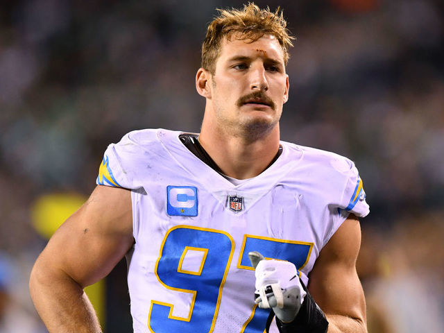 PHILADELPHIA, PA - NOVEMBER 07: Los Angeles Chargers Defensive End Joey Bosa (97) leaves the field after the first half during the game between the Los Angeles Chargers and Philadelphia Eagles on November 07, 2021 at Lincoln Financial Field in Philadelphia, PA.