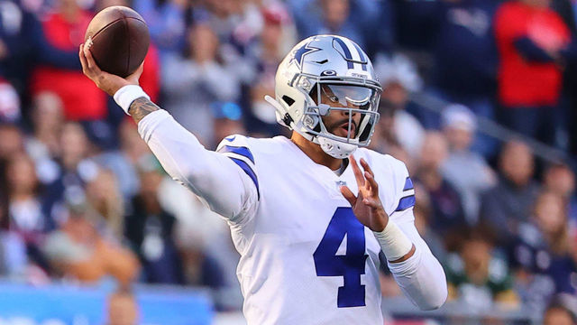 FOXBOROUGH, MA - OCTOBER 17: Dallas Cowboys quarterback Dak Prescott (4) during the National Football League game between the New England Patriots and the Dallas Cowboys on October 17, 2021 at Gillette Stadium in Foxborough, MA.
