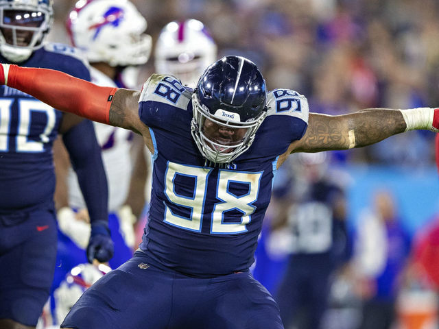 NASHVILLE, TENNESSEE - OCTOBER 18: Jeffery Simmons #98 of the Tennessee Titans celebrates after sacking the quarterback during a game against the Buffalo Bills at Nissan Stadium on October 18, 2021 in Nashville, Tennessee. The Titans defeated the Bills 34-31.