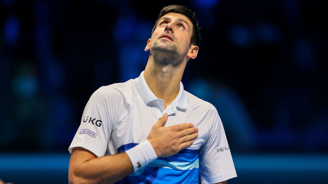 TURIN, ITALY - NOVEMBER 15: Novak Djokovic of Serbia celebrates after winning a match against Casper Ruud of Norway during Day Two of the Nitto ATP World Tour Finals at Pala Alpitour on November 15, 2021 in Turin, Italy.
