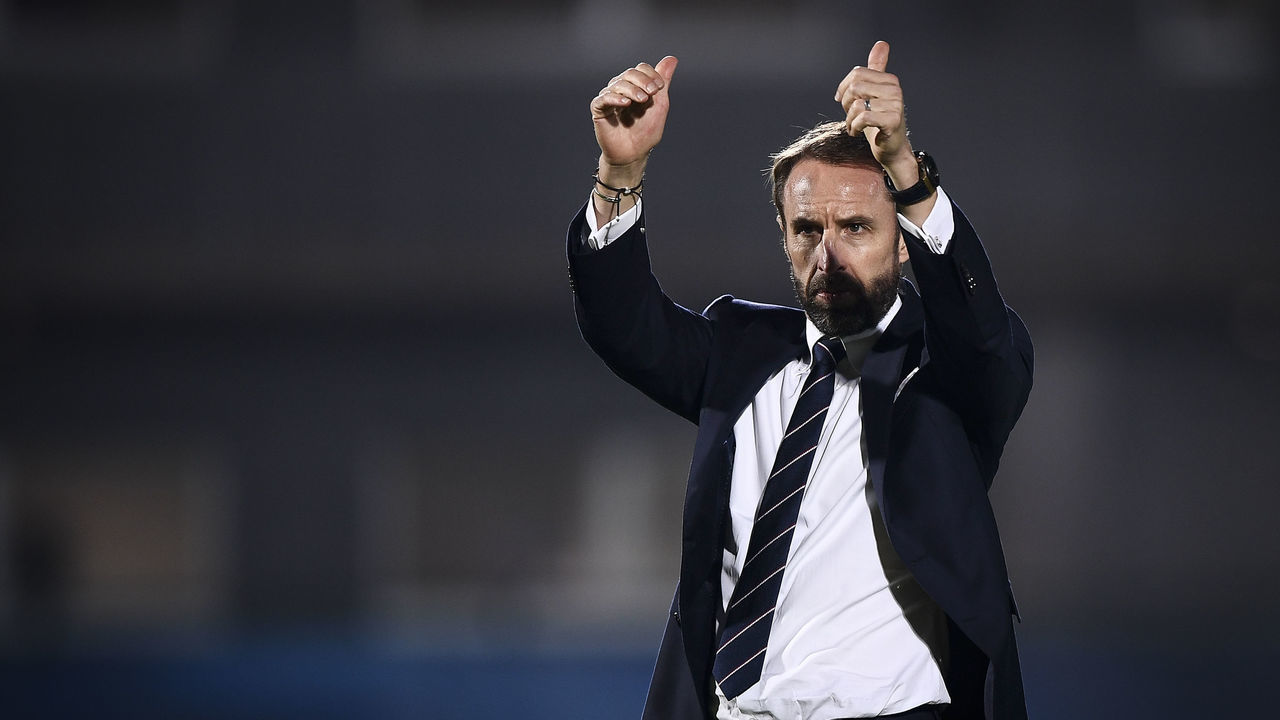SAN MARINO STADIUM, SERRAVALLE, SAN MARINO - 2021/11/15: Gareth Southgate, head coach of England, celebrates the victory at the end of the 2022 FIFA World Cup European Qualifier football match between San Marino and England. England won 10-0 over San Marino.