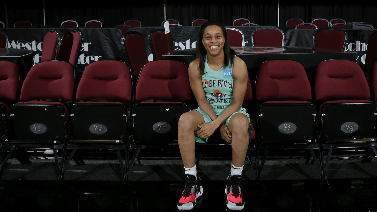 WHITE PLAINS, NY - AUGUST 30: Asia Durr #25 of the New York Liberty poses for a photo before the game against the Connecticut Sun on August 30, 2019 at the Westchester County Center, in White Plains, New York. Mandatory Copyright Notice: Copyright 2019 NBAE