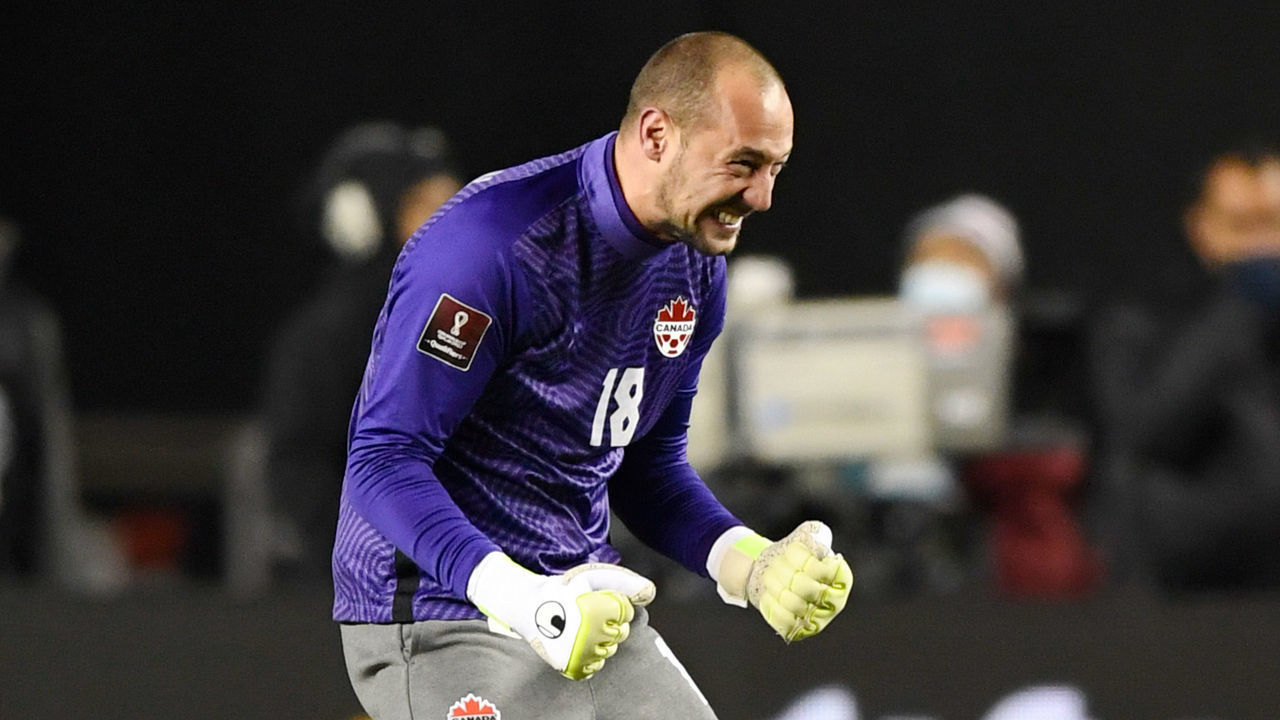 EDMONTON, CANADA - NOVEMBER 12: Milan Borjan of Canada celebrates during the World Cup Qualifier match between Canada v Costa Rica at the Commonwealth Stadium on November 12, 2021 in Edmonton Canada