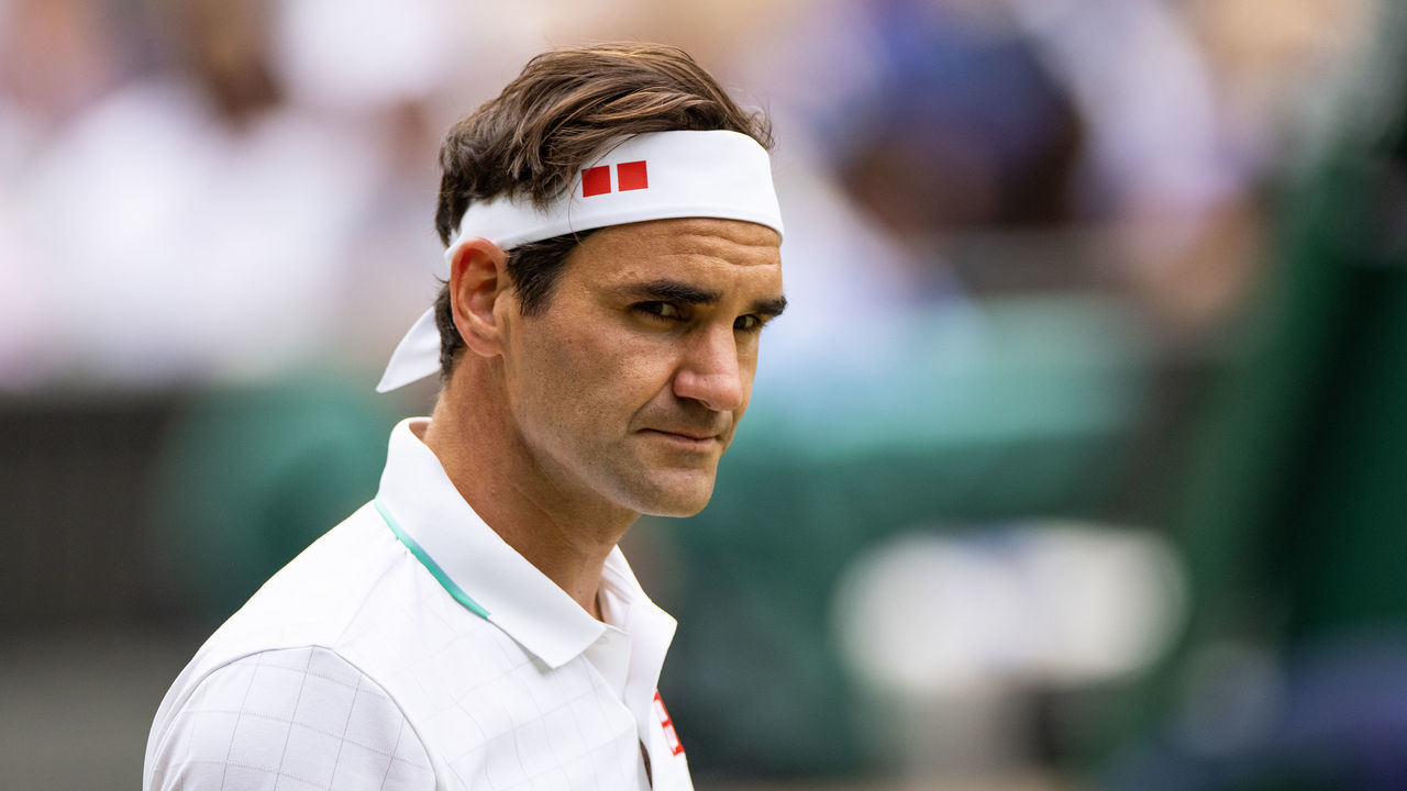 LONDON, ENGLAND - JULY 07: Roger Federer of Switzerland in action during the Men's Singles Quarter Final against Hubert Hurkacz of Poland (not pictured) at The Wimbledon Lawn Tennis Championship at the All England Lawn and Tennis Club at Wimbledon on July 7th, 2021 in London, England.