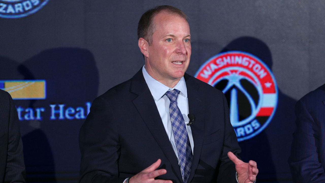 WASHINGTON, DC - JULY 22: Tommy Sheppard, general manager of the Washington Wizards, speaks to the media during a press conference on July 22, 2019 at Capital One Arena in Washington, DC. NOTE TO USER: User expressly acknowledges and agrees that, by downloading and/or using this photograph, user is consenting to the terms and conditions of the Getty Images License Agreement. Mandatory Copyright Notice: Copyright 2019 NBAE