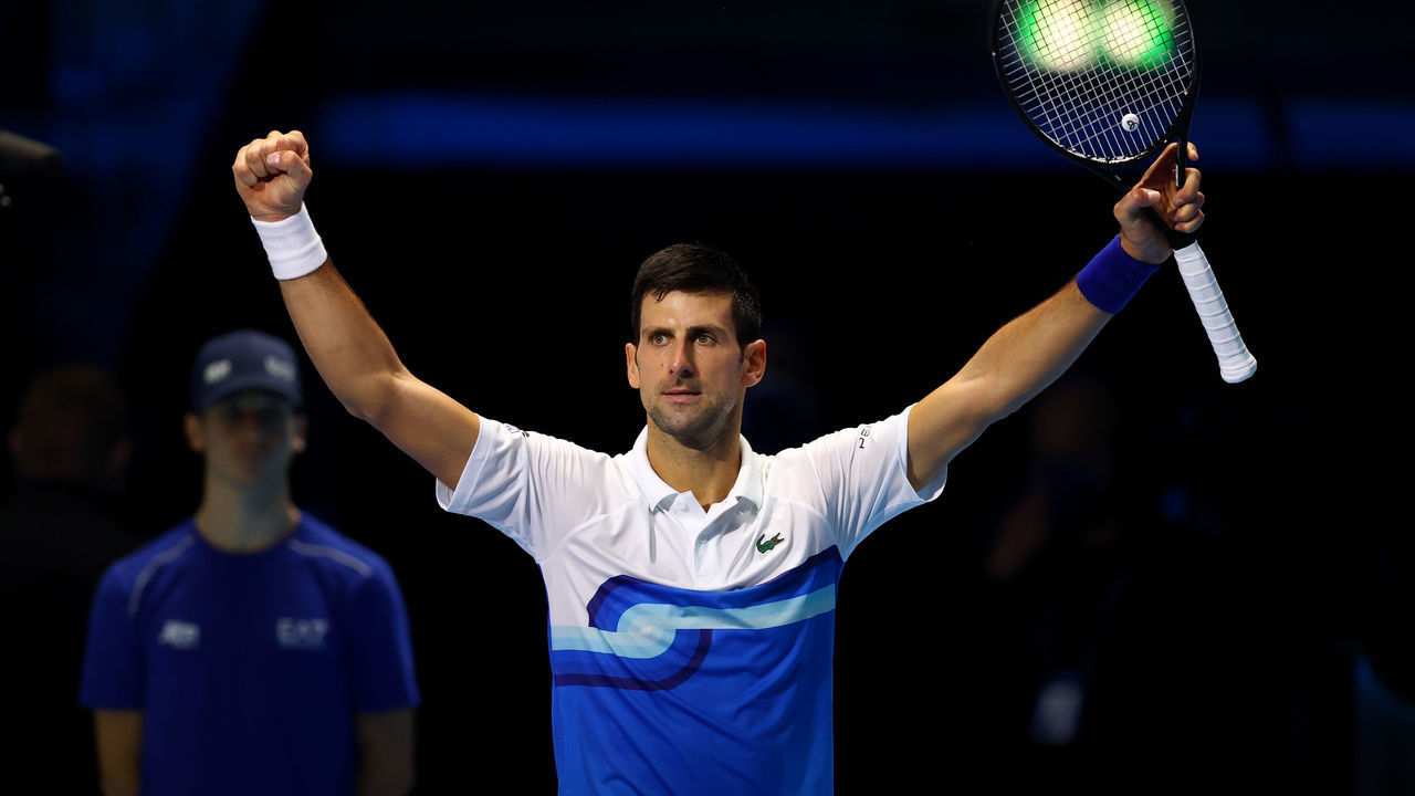 TURIN, ITALY - NOVEMBER 17: Novak Djokovic of Serbia celebrates winning his singles match against Andrey Rublev of Russia on Day Four of the Nitto ATP World Tour Finals at Pala Alpitour on November 17, 2021 in Turin, Italy.