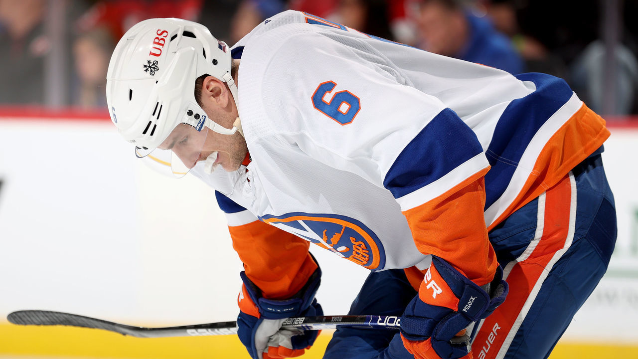 NEWARK, NEW JERSEY - NOVEMBER 11: Ryan Pulock #6 of the New York Islanders reacts in the second period against the New Jersey Devils at Prudential Center on November 11, 2021 in Newark, New Jersey.