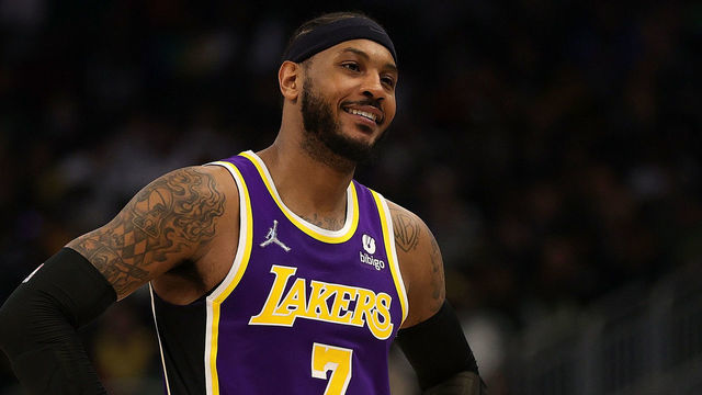 MILWAUKEE, WISCONSIN - NOVEMBER 17: Carmelo Anthony #7 of the Los Angeles Lakers reacts to an officials call during the first half of a game against the Milwaukee Bucks at Fiserv Forum on November 17, 2021 in Milwaukee, Wisconsin.