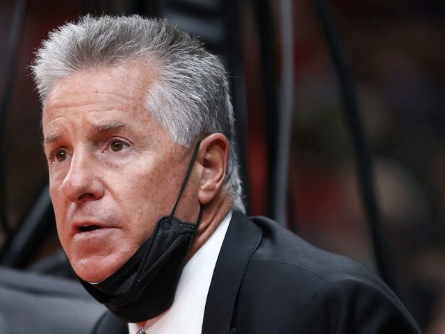PORTLAND, OREGON - OCTOBER 20: President of Basketball Operations Neil Olshey of the Portland Trail Blazers looks on against the Sacramento Kings during the second quarter at Moda Center on October 20, 2021 in Portland, Oregon.