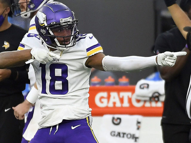 INGLEWOOD, CALIFORNIA - NOVEMBER 14: Justin Jefferson #18 of the Minnesota Vikings reacts after making a catch during the second half of the game against the Los Angeles Chargers at SoFi Stadium on November 14, 2021 in Inglewood, California.