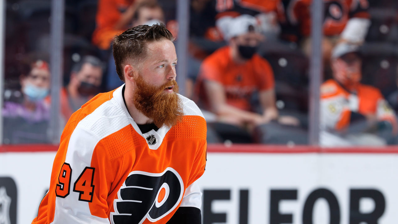 PHILADELPHIA, PA - OCTOBER 15: Ryan Ellis #94 of the Philadelphia Flyers skates during warm-ups prior to his game against the Vancouver Canucks at the Wells Fargo Center on October 15, 2021 in Philadelphia, Pennsylvania.