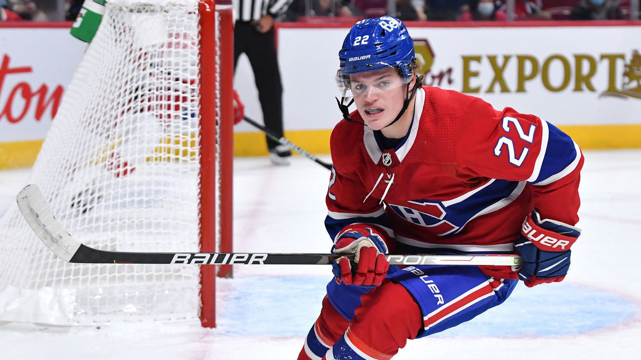 MONTREAL, QC - OCTOBER 23: Cole Caufield #22 of the Montreal Canadiens skates against the Detroit Red Wings in the NHL game at the Bell Centre on October 23, 2021 in Montreal, Quebec, Canada.