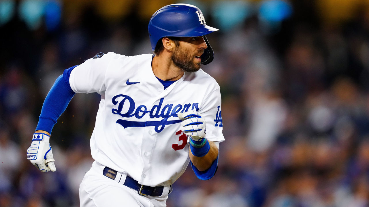 LOS ANGELES, CA - OCTOBER 21: Chris Taylor #3 of the Los Angeles Dodgers runs the bases after hitting a two-run home run in the fifth inning during Game 5 of the NLCS between the Atlanta Braves and the Los Angeles Dodgers at Dodgers Stadium on Thursday, October 21, 2021 in Los Angeles, California.