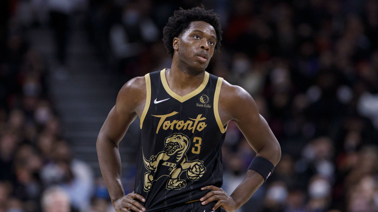 TORONTO, ON - NOVEMBER 13: OG Anunoby #3 of the Toronto Raptors during the second half of their NBA game against the Detroit Pistons at Scotiabank Arena on November 13, 2021 in Toronto, Canada.