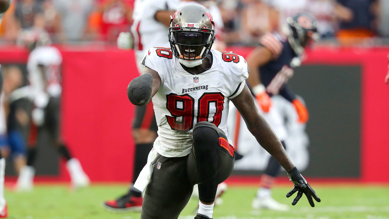 TAMPA, FL - OCTOBER 24: Tampa Bay Buccaneers Linebacker Jason Pierre-Paul (90) celebrates a defensive stop during the regular season game between the Chicago Bears and the Tampa Bay Buccaneers on October 24, 2021 at Raymond James Stadium in Tampa, Florida.