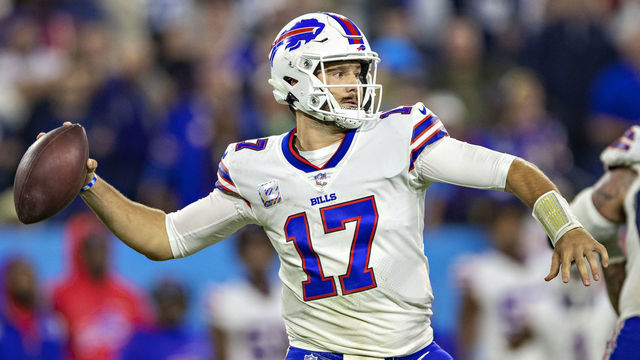 NASHVILLE, TENNESSEE - OCTOBER 18: Josh Allen #17 of the Buffalo Bills throws a pass during a game against the Tennessee Titans at Nissan Stadium on October 18, 2021 in Nashville, Tennessee. The Titans defeated the Bills 34-31.