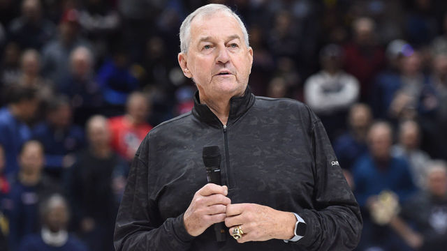 STORRS, CT - FEBRUARY 09: Former UConn Huskies Heaad Coach Jim Calhoun during a presentation at the game as the Cincinnati Bearcats take on the UConn Huskies on February 9, 2020, at Gampel Pavilion in Storrs, Connecticut.
