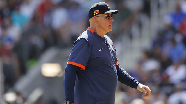 NORTH PORT, FLORIDA - MARCH 10: Pitching coach Brent Strom #56 of the Houston Astros looks on against the Atlanta Braves during a Grapefruit League spring training game at CoolToday Park on March 10, 2020 in North Port, Florida.