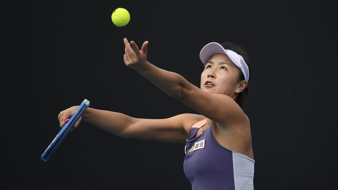 MELBOURNE, AUSTRALIA - JANUARY 21: Shuai Peng of China in action during her Women's Singles first round match against Nao Hibino of Japan on day two of the 2020 Australian Open at Melbourne Park on January 21, 2020 in Melbourne, Australia.