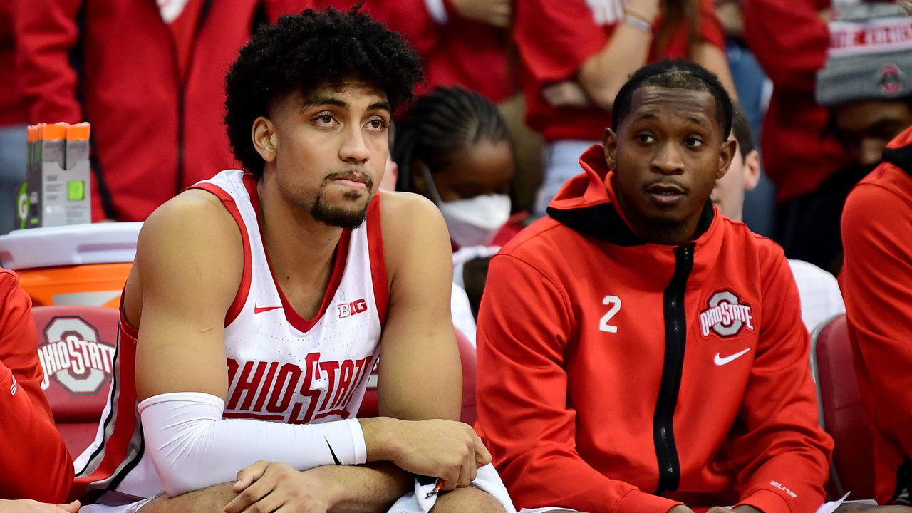 COLUMBUS, OHIO - NOVEMBER 09: Justice Sueing #14 of the Ohio State Buckeyes watches from the bench during the second half of the game against the Akron Zips at Value City Arena on November 09, 2021 in Columbus, Ohio.