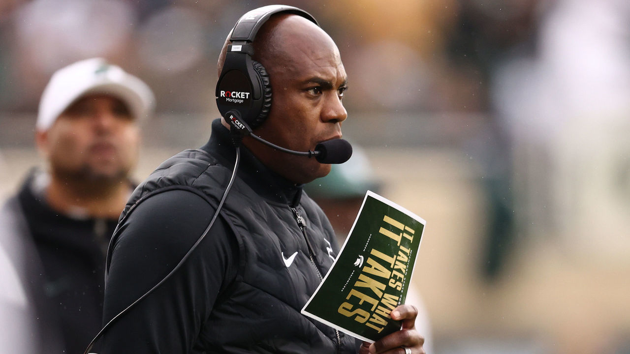 EAST LANSING, MICHIGAN - OCTOBER 30: Head coach Mel Tucker of the Michigan State Spartans looks on while playing the Michigan Wolverines at Spartan Stadium on October 30, 2021 in East Lansing, Michigan.