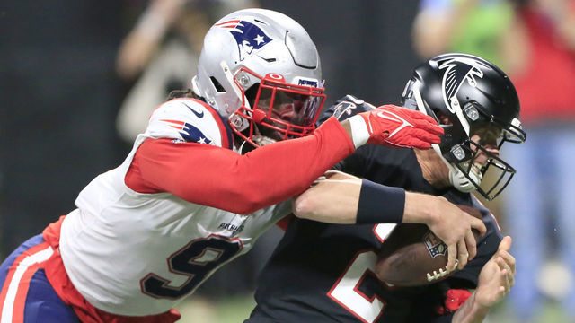 ATLANTA, GA - NOVEMBER 18: Matt Judon (9) of the New England Patriots sacks Matt Ryan (2) of the Atlanta Falcons during the Thursday night NFL game between the Atlanta Falcons and the New England Patriots on November 18, 2021 at the Mercedes-Benz Stadium in Atlanta, Georgia.