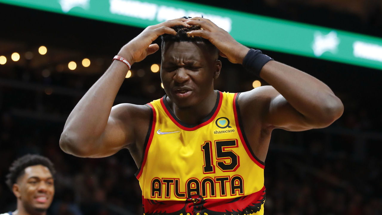 ATLANTA, GA - NOVEMBER 04: Clint Capela #15 of the Atlanta Hawks reacts during the second half against the Utah Jazz at State Farm Arena on November 4, 2021 in Atlanta, Georgia.