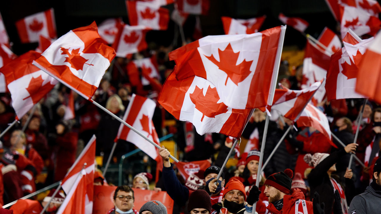 EDMONTON, CANADA - NOVEMBER 12: Supporters of Canada during the World Cup Qualifier match between Canada v Costa Rica at the Commonwealth Stadium on November 12, 2021 in Edmonton Canada