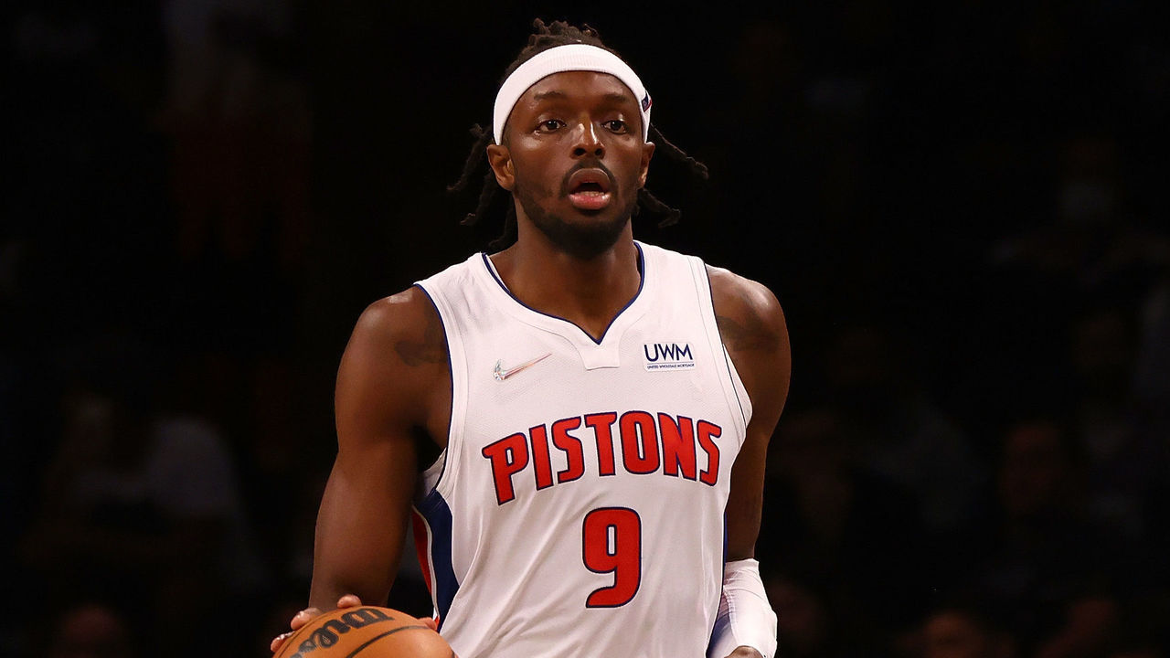 NEW YORK, NEW YORK - OCTOBER 31: Jerami Grant #9 of the Detroit Pistons in action against the Brooklyn Nets at Barclays Center on October 31, 2021 in New York City. Brooklyn Nets defeated the Detroit Pistons 117-91.