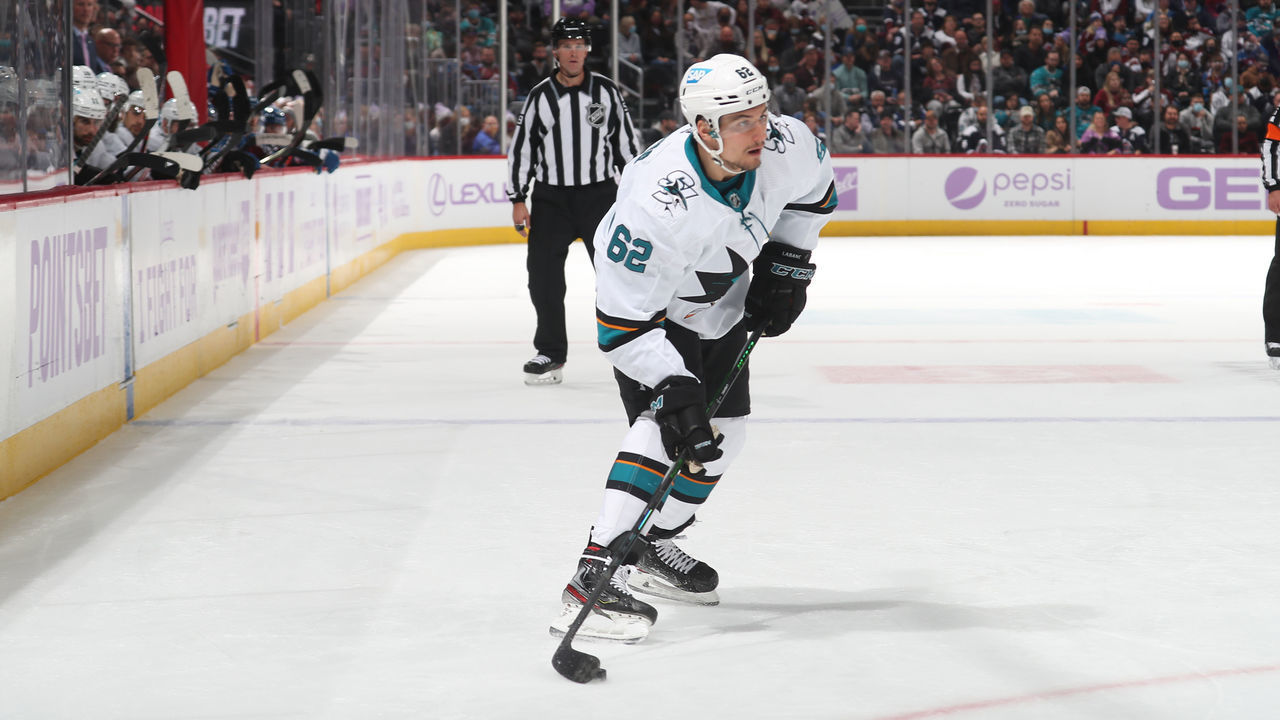 DENVER, COLORADO - NOVEMBER 13: Kevin Labanc #62 of the San Jose Sharks skates against the Colorado Avalanche at Ball Arena on November 13, 2021 in Denver, Colorado.