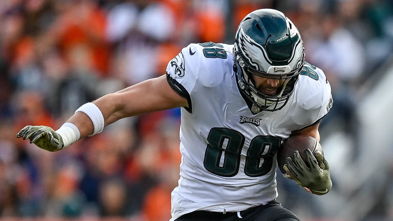DENVER, CO - NOVEMBER 14: Philadelphia Eagles tight end Dallas Goedert (88) is tackled by Denver Broncos cornerback Ronald Darby (21) during a game between the Denver Broncos and the Philadelphia Eagles at Empower Field at Mile High on November 14, 2021 in Denver, Colorado.