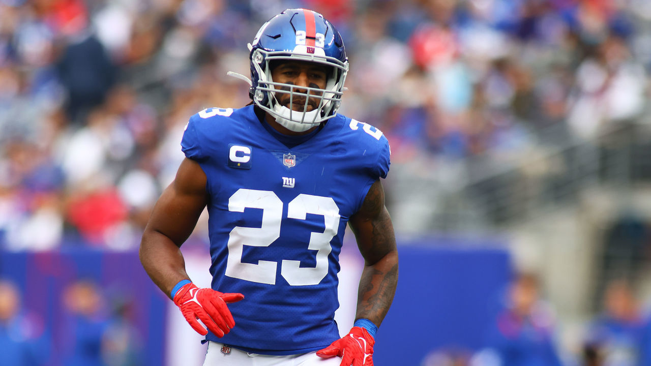 EAST RUTHERFORD, NEW JERSEY - OCTOBER 24: (NEW YORK DAILIES OUT) Logan Ryan #23 of the New York Giants in action against the Carolina Panthers at MetLife Stadium on October 24, 2021 in East Rutherford, New Jersey. New York Giants defeated the Carolina Panthers 25-3.