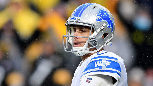 PITTSBURGH, PENNSYLVANIA - NOVEMBER 14: Jared Goff #16 of the Detroit Lions looks on during a game against the Pittsburgh Steelers at Heinz Field on November 14, 2021 in Pittsburgh, Pennsylvania.