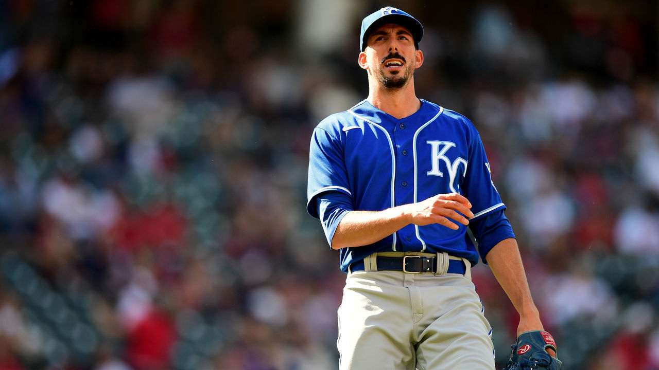 CLEVELAND, OHIO - SEPTEMBER 27: Kyle Zimmer #45 of the Kansas City Royals reacts during a game between the Kansas City Royals and Cleveland Indians at Progressive Field on September 27, 2021 in Cleveland, Ohio.