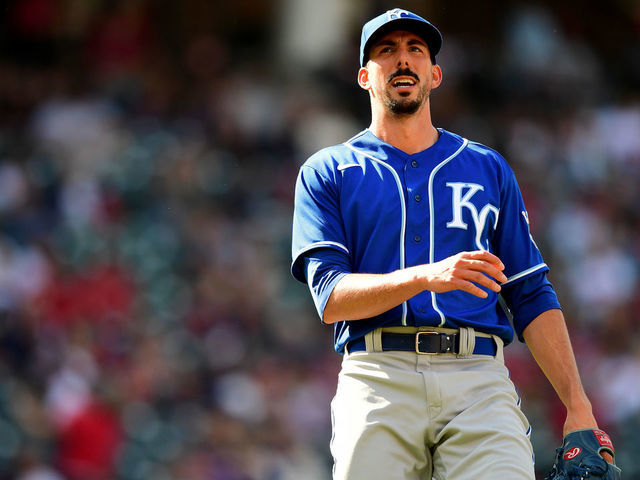 CLEVELAND, OHIO - SEPTEMBER 27: Kyle Zimmer #45 of the Kansas City Royals reacts during a game between the Kansas City Royals and Cleveland Indians at Progressive Field on September 27, 2021 in Cleveland, Ohio.
