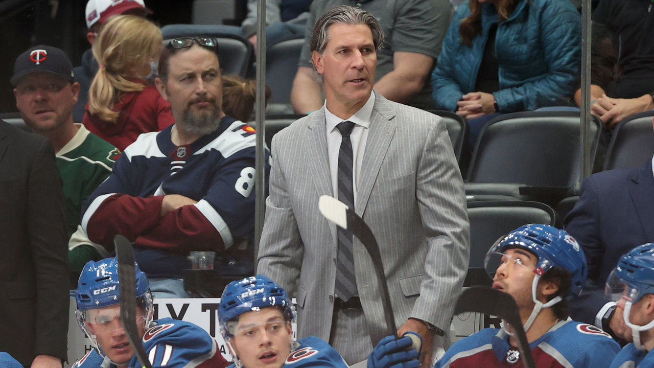 DENVER, COLORADO - SEPTEMBER 30: Head coach Jared Bednar of the Colorado Avalanche watches as his team plays the Minnesota Wild in the second period at Ball Arena on September 30, 2021 in Denver, Colorado.
