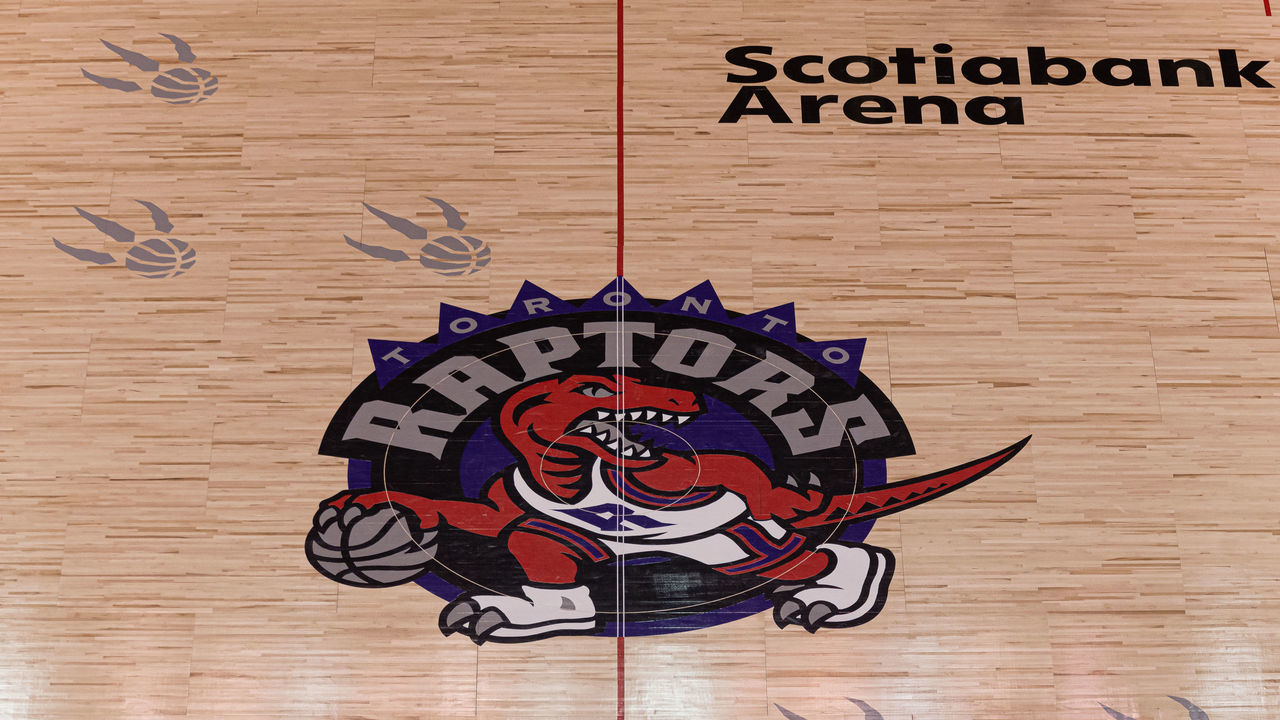 Overall view at Scotiabank arena court with retro logo of Toronto Raptors during the Toronto Raptors vs Atlanta Hawks NBA regular season game at Scotiabank Arena on January 28, 2020 in Toronto, Canada. Toronto Raptors won 130-114.