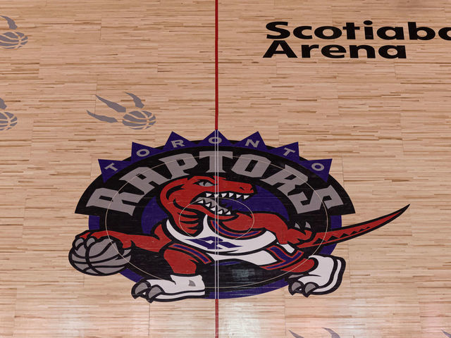 Overall view at Scotiabank arena court with retro logo of Toronto Raptors during the Toronto Raptors vs Atlanta Hawks NBA regular season game at Scotiabank Arena on January 28, 2020 in Toronto, Canada. Toronto Raptors won 130-114.