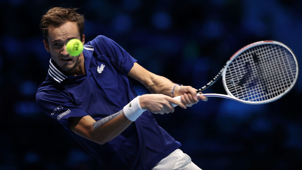 TURIN, ITALY - NOVEMBER 20: Daniil Medvedev of Russia plays a backhand during the Men's Single's semi-final match between Daniil Medvedev of Russia and Casper Ruud of Norway on Day Seven of the Nitto ATP World Tour Finals at Pala Alpitour on November 20, 2021 in Turin, Italy.