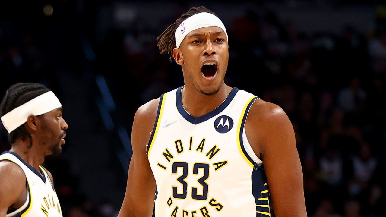 DENVER, CO - NOVEMBER 10: Myles Turner #33 of the Indiana Pacers celebrates a big run against the Denver Nuggets at Ball Arena on November 10, 2021 in Denver, Colorado.